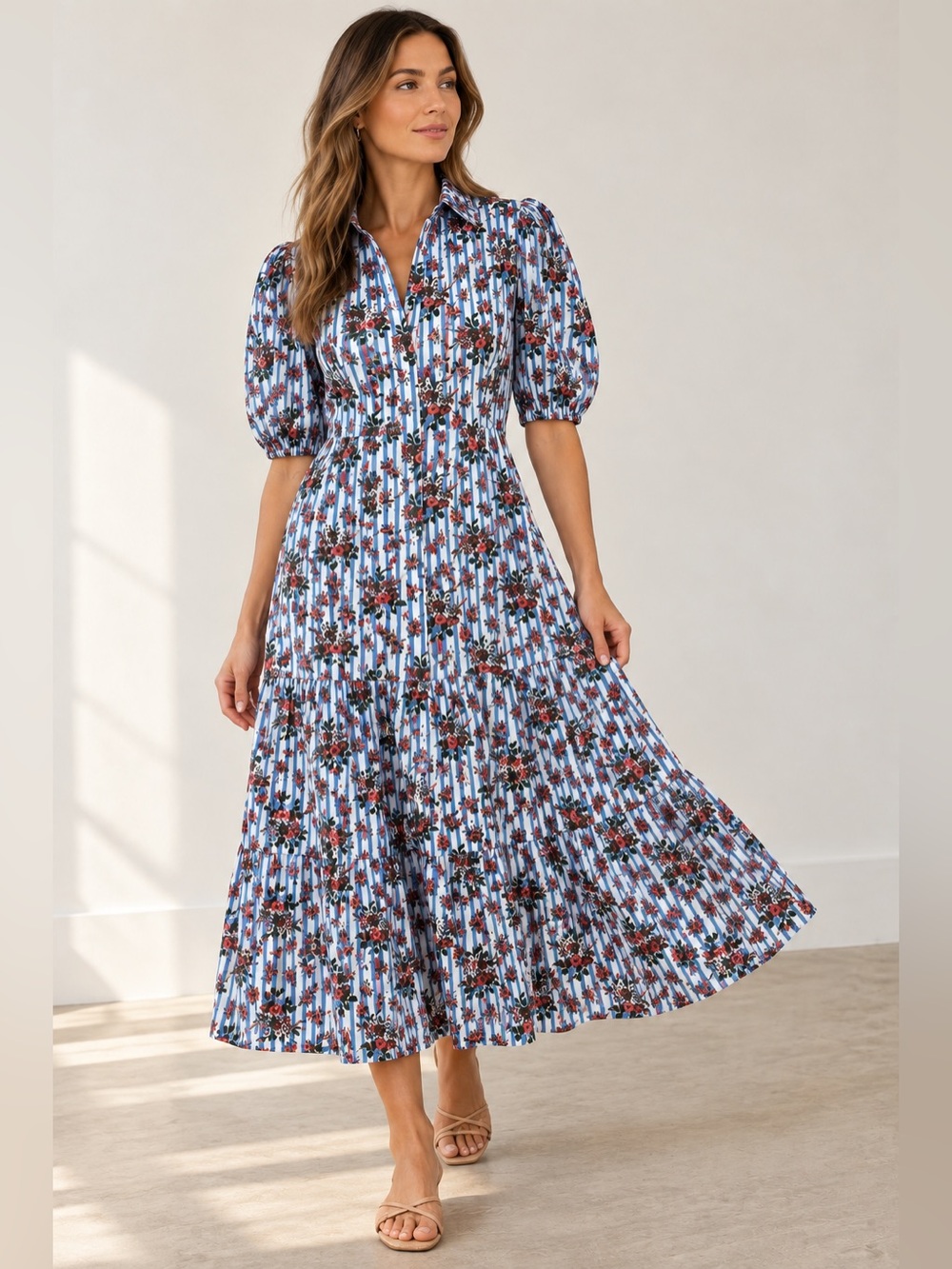 Veronica Beard Eunice Floral Stripe Cotton Midi Dress Size 6